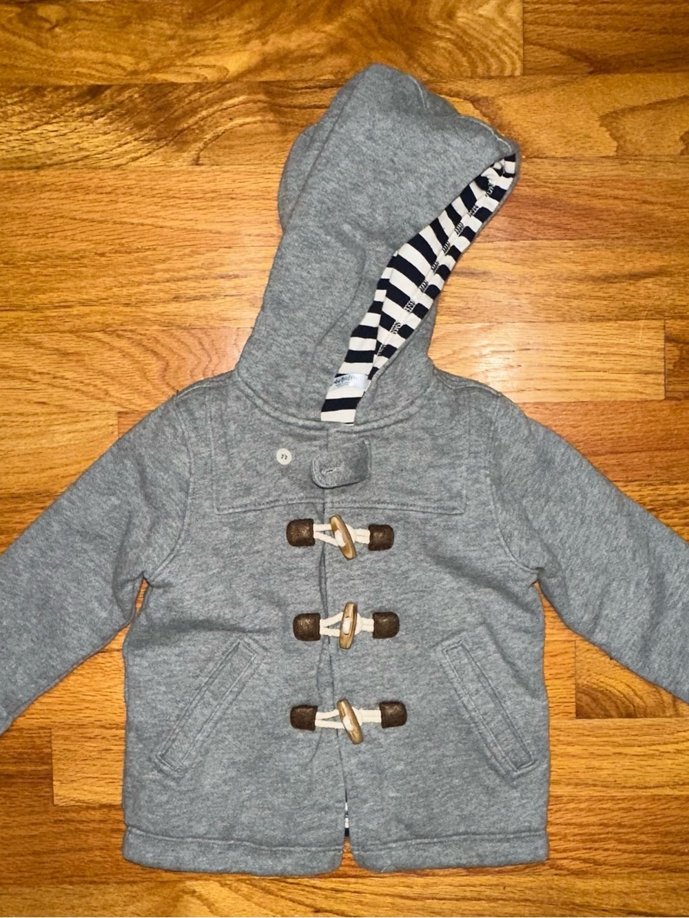 Baby Boden Grey Hooded Toggle Coat with Striped Lining 12-18M
